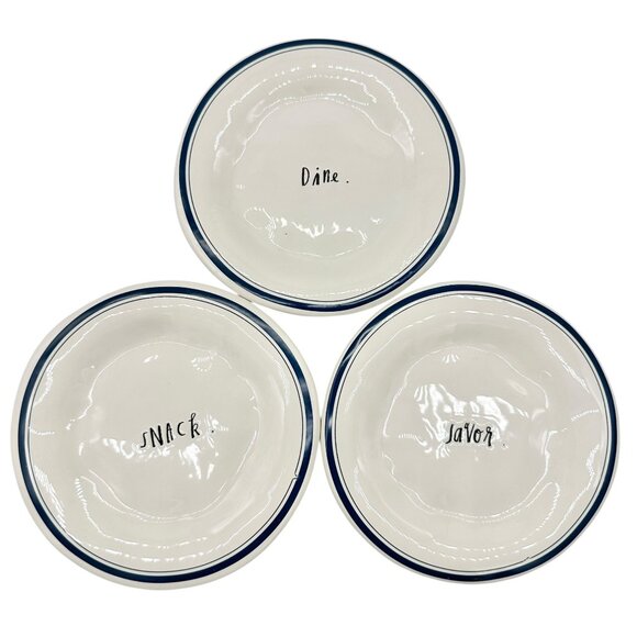 Vintage Rae Dunn Artisan Set of 3 Plates DINE SNACK SAVOR 6 inch White Blue Trim - Picture 9 of 9